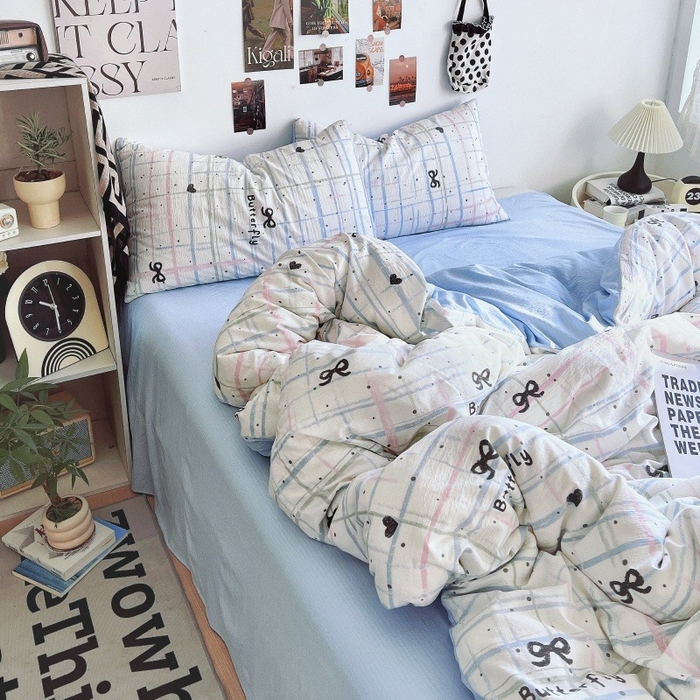 91家纺网 家纺一手货源 找家纺 朵朵家纺 2026新款高级感轻奢复古美拉德色系双层纱泡芙棉床品四件套加厚水洗双层纱软 盐系格绊