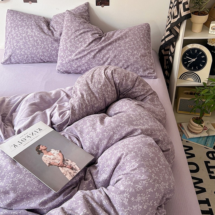 91家纺网 家纺一手货源 找家纺 朵朵家纺 2026新款高级感轻奢复古美拉德色系双层纱泡芙棉床品四件套加厚水洗双层纱软 紫萝漫想