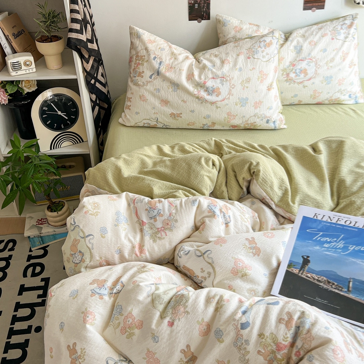 91家纺网 家纺一手货源 找家纺 朵朵家纺 2026新款高级感轻奢复古美拉德色系双层纱泡芙棉床品四件套加厚水洗双层纱软 爱丽丝兔