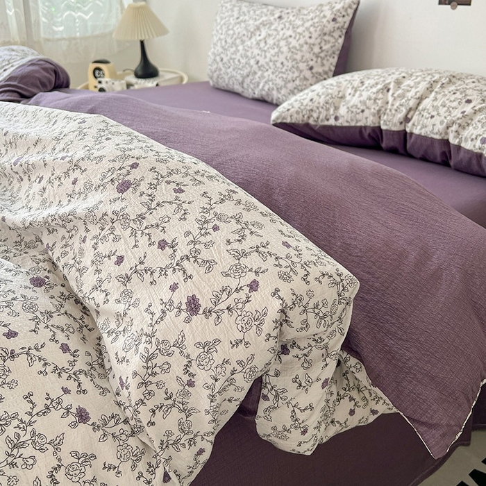 91家纺网 家纺一手货源 找家纺 朵朵家纺 2026新款高级感轻奢复古美拉德色系双层纱泡芙棉床品四件套加厚水洗双层纱软 春风拂梦