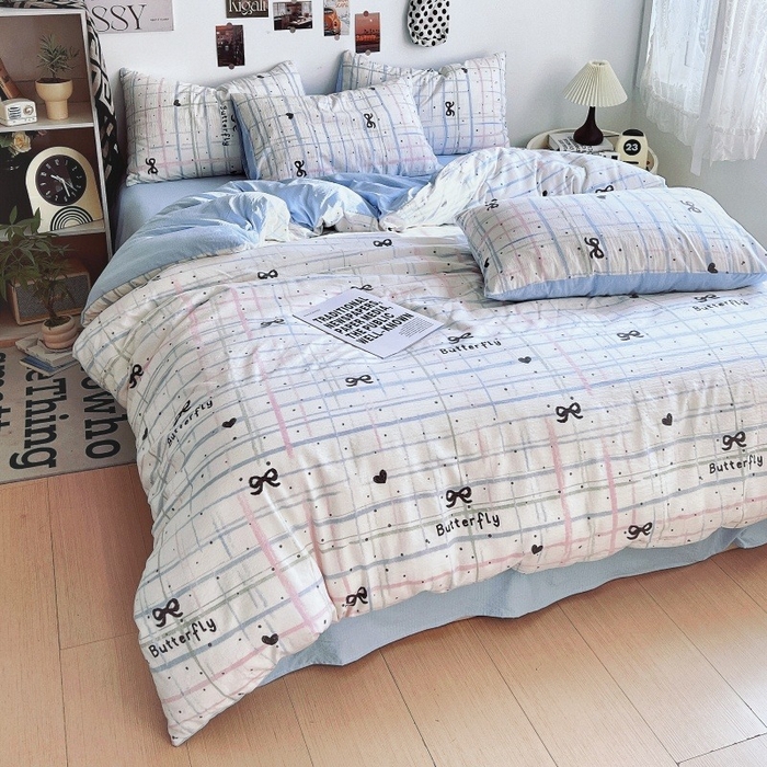 91家纺网 家纺一手货源 找家纺 朵朵家纺 2026新款高级感轻奢复古美拉德色系双层纱泡芙棉床品四件套加厚水洗双层纱软 盐系格绊