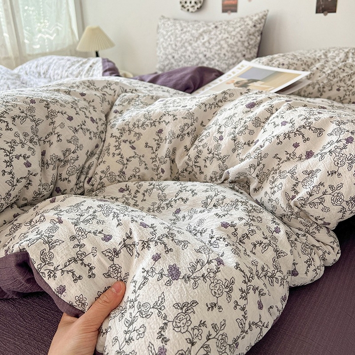 91家纺网 家纺一手货源 找家纺 朵朵家纺 2026新款高级感轻奢复古美拉德色系双层纱泡芙棉床品四件套加厚水洗双层纱软 春风拂梦