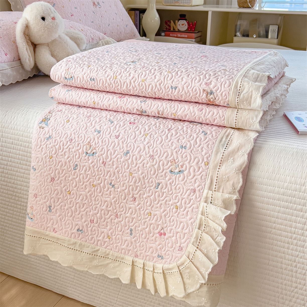 慕木家纺 2026新款A类印花慕丝棉花边款床盖夏被系列(抽空压缩可供跨境)提供买家秀 星心兔语+粉