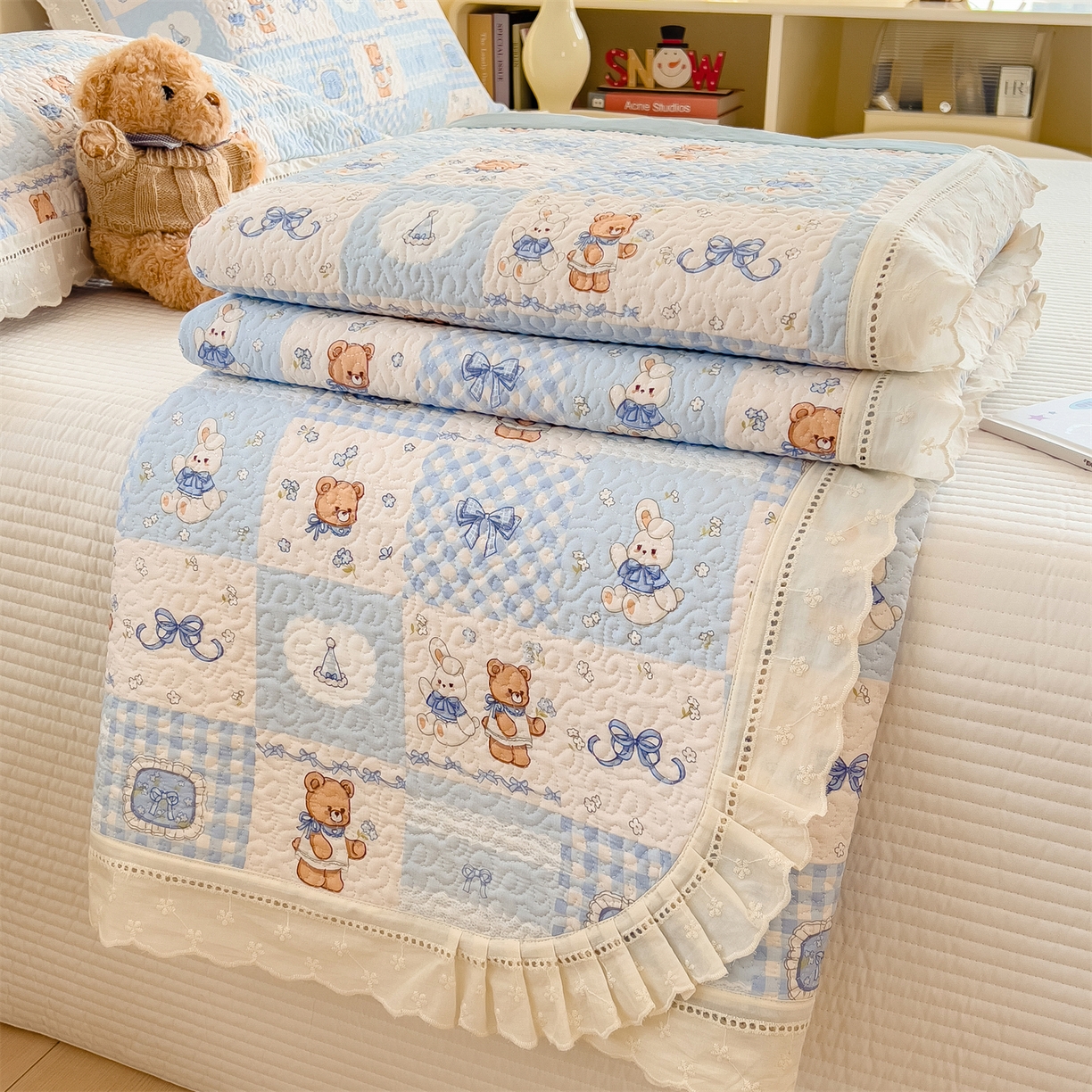 慕木家纺 2026新款A类印花慕丝棉花边款床盖夏被系列(抽空压缩可供跨境)提供买家秀 熊兔叙+蓝