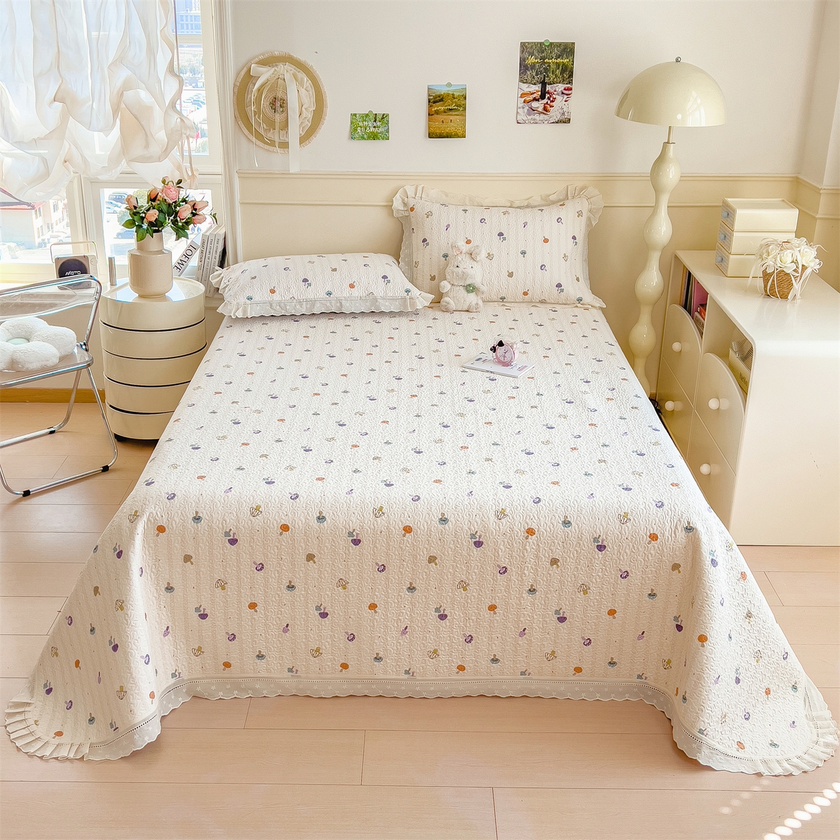 91家纺网 家纺一手货源 找家纺 慕木家纺 2026新款A类印花慕丝棉花边款床盖夏被系列(抽空压缩可供跨境)提供买家秀 云菇森林+浅紫