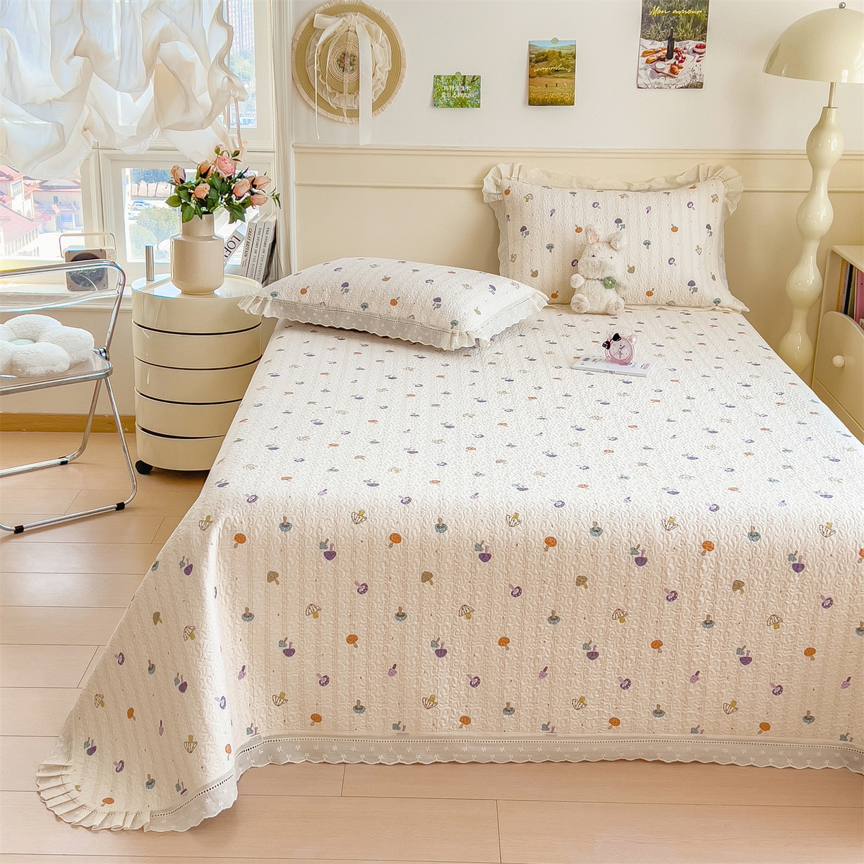 91家纺网 家纺一手货源 找家纺 慕木家纺 2026新款A类印花慕丝棉花边款床盖夏被系列(抽空压缩可供跨境)提供买家秀 云菇森林+浅紫