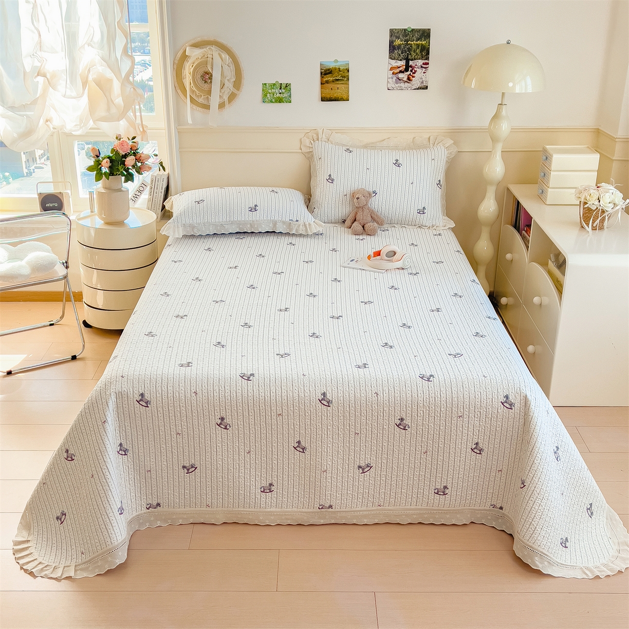 91家纺网 家纺一手货源 找家纺 慕木家纺 2026新款A类印花慕丝棉花边款床盖夏被系列(抽空压缩可供跨境)提供买家秀 木马童谣+灰