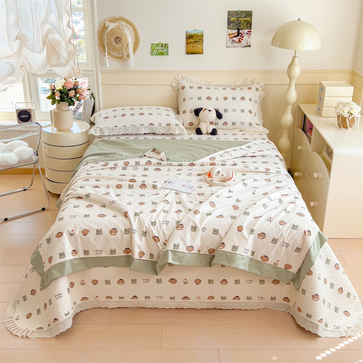 91家纺网 家纺一手货源 找家纺 慕木家纺 2026新款A类印花慕丝棉花边款床盖夏被系列(抽空压缩可供跨境)提供买家秀 蛋糕熊+绿