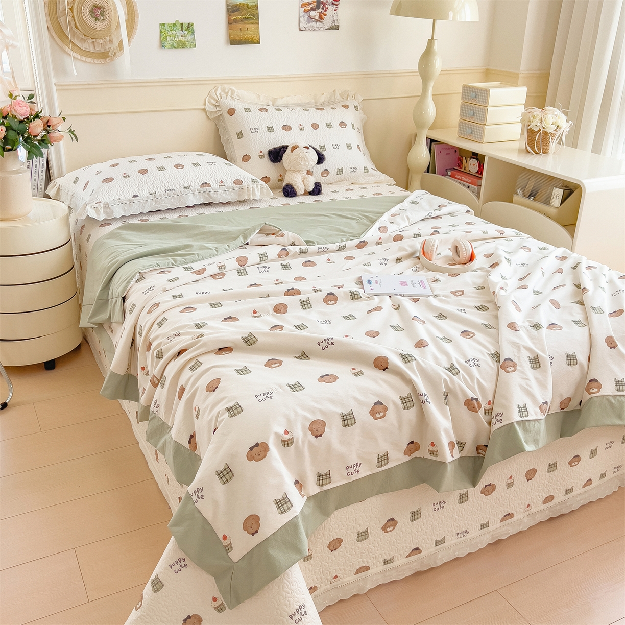 91家纺网 家纺一手货源 找家纺 慕木家纺 2026新款A类印花慕丝棉花边款床盖夏被系列(抽空压缩可供跨境)提供买家秀 蛋糕熊+绿