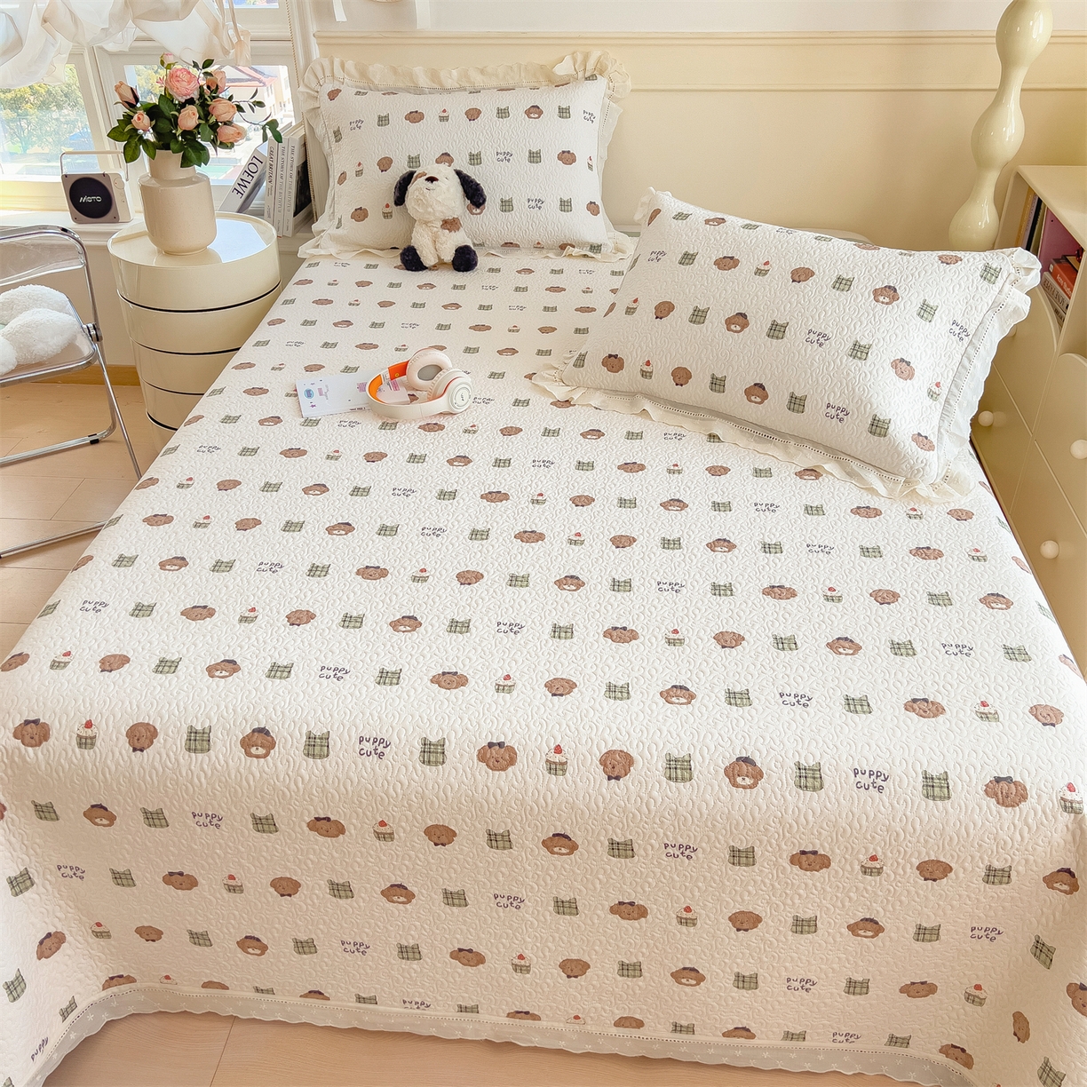 91家纺网 家纺一手货源 找家纺 慕木家纺 2026新款A类印花慕丝棉花边款床盖夏被系列(抽空压缩可供跨境)提供买家秀 蛋糕熊+绿