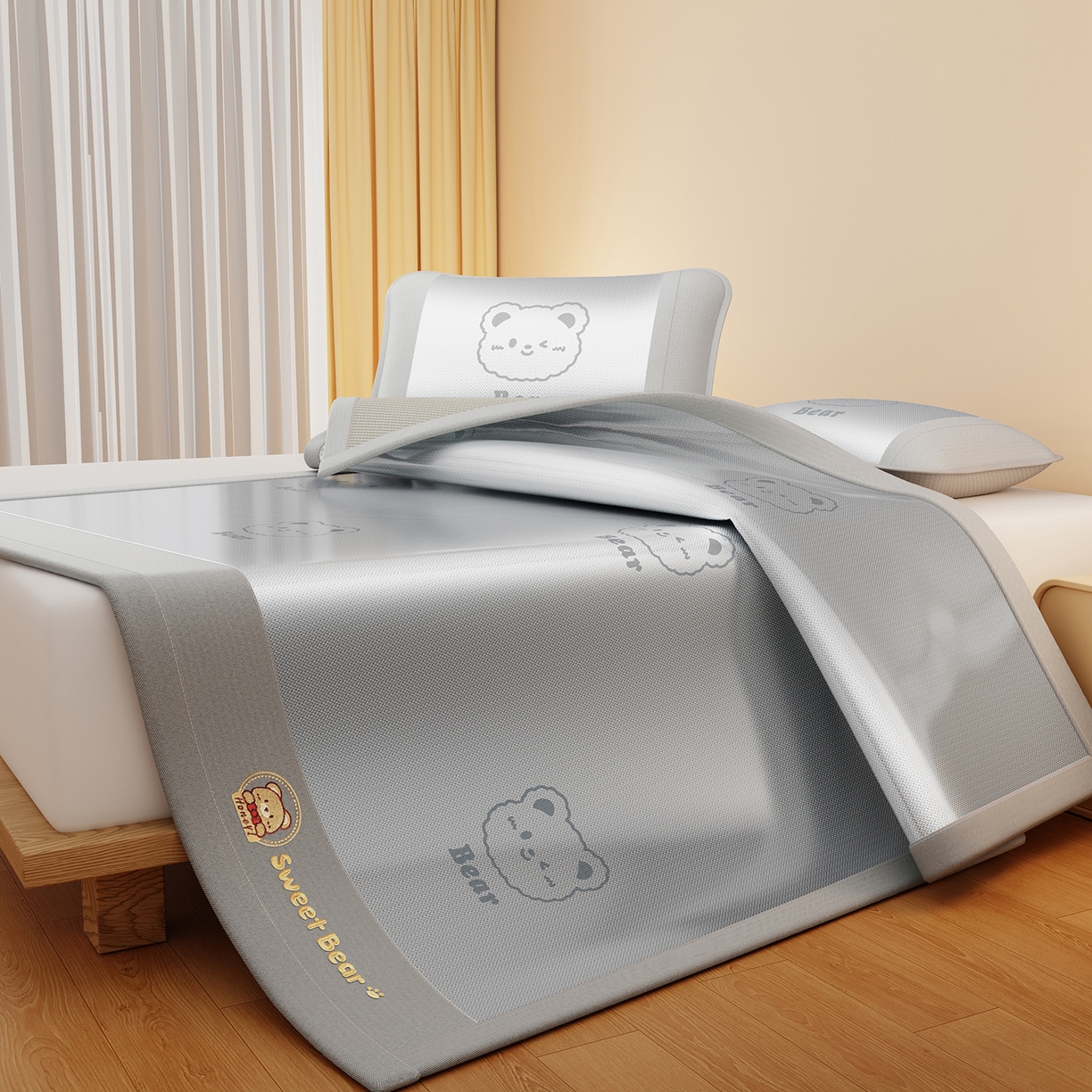 91家纺网 家纺一手货源 找家纺 卡初家居（原微来） 2026春夏新款快乐熊水洗冰藤床席款床笠款 快乐熊-淡雅灰-床席款