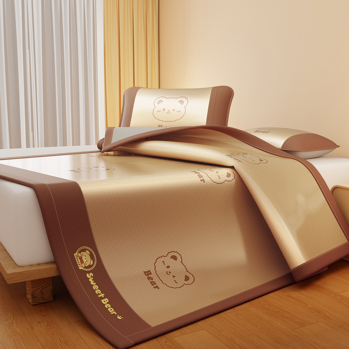 91家纺网 家纺一手货源 找家纺 卡初家居（原微来） 2026春夏新款快乐熊水洗冰藤床席款床笠款 快乐熊-魅力咖-床席款