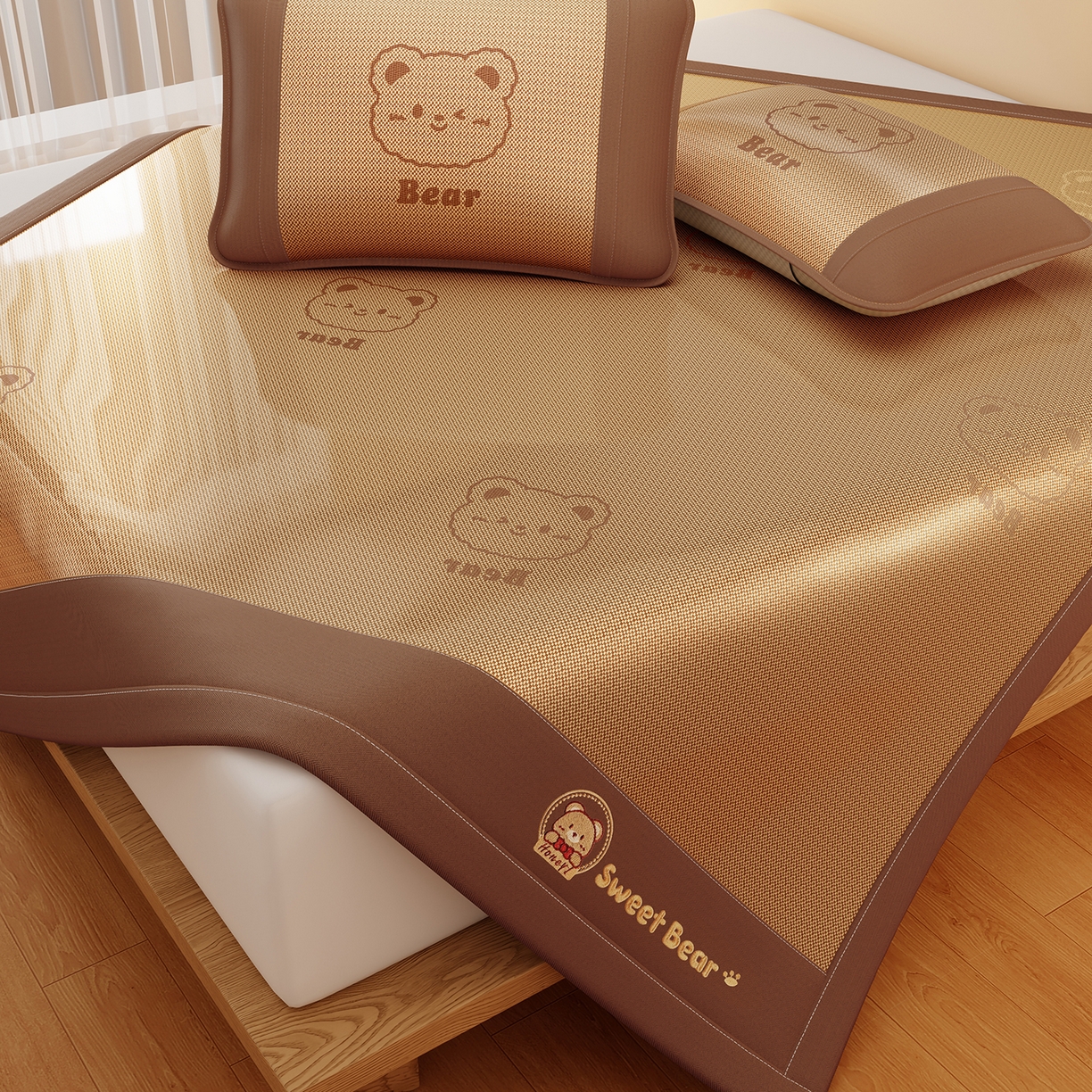 91家纺网 家纺一手货源 找家纺 卡初家居（原微来） 2026春夏新款快乐熊水洗冰藤床席款床笠款 快乐熊-魅力咖-床席款