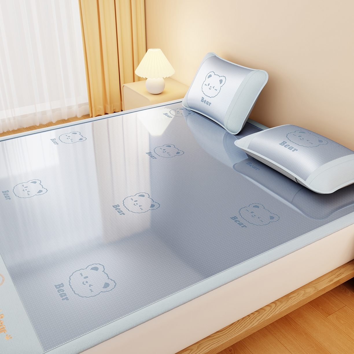 91家纺网 家纺一手货源 找家纺 卡初家居（原微来） 2026春夏新款快乐熊水洗冰藤床席款床笠款 快乐熊-天空蓝-床席款