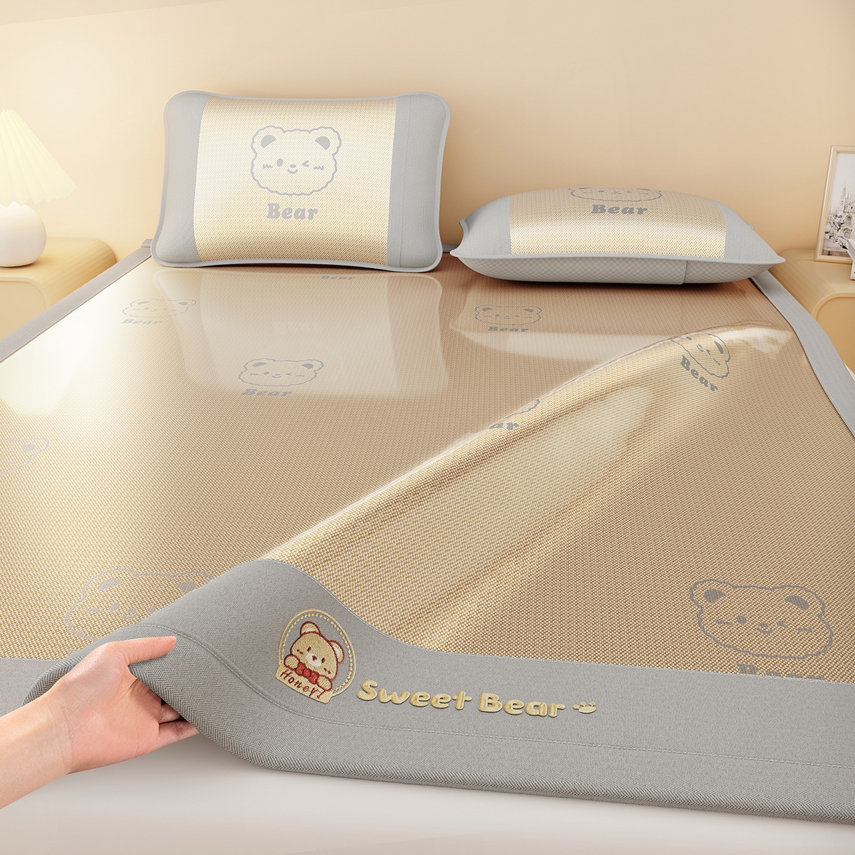 卡初家居（原微来） 2026春夏新款快乐熊水洗冰藤床席款床笠款 快乐熊-香槟金-床席款