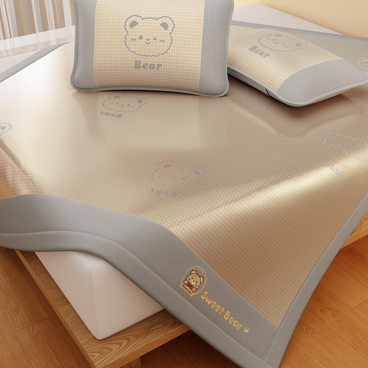 91家纺网 家纺一手货源 找家纺 卡初家居（原微来） 2026春夏新款快乐熊水洗冰藤床席款床笠款 快乐熊-香槟金-床席款