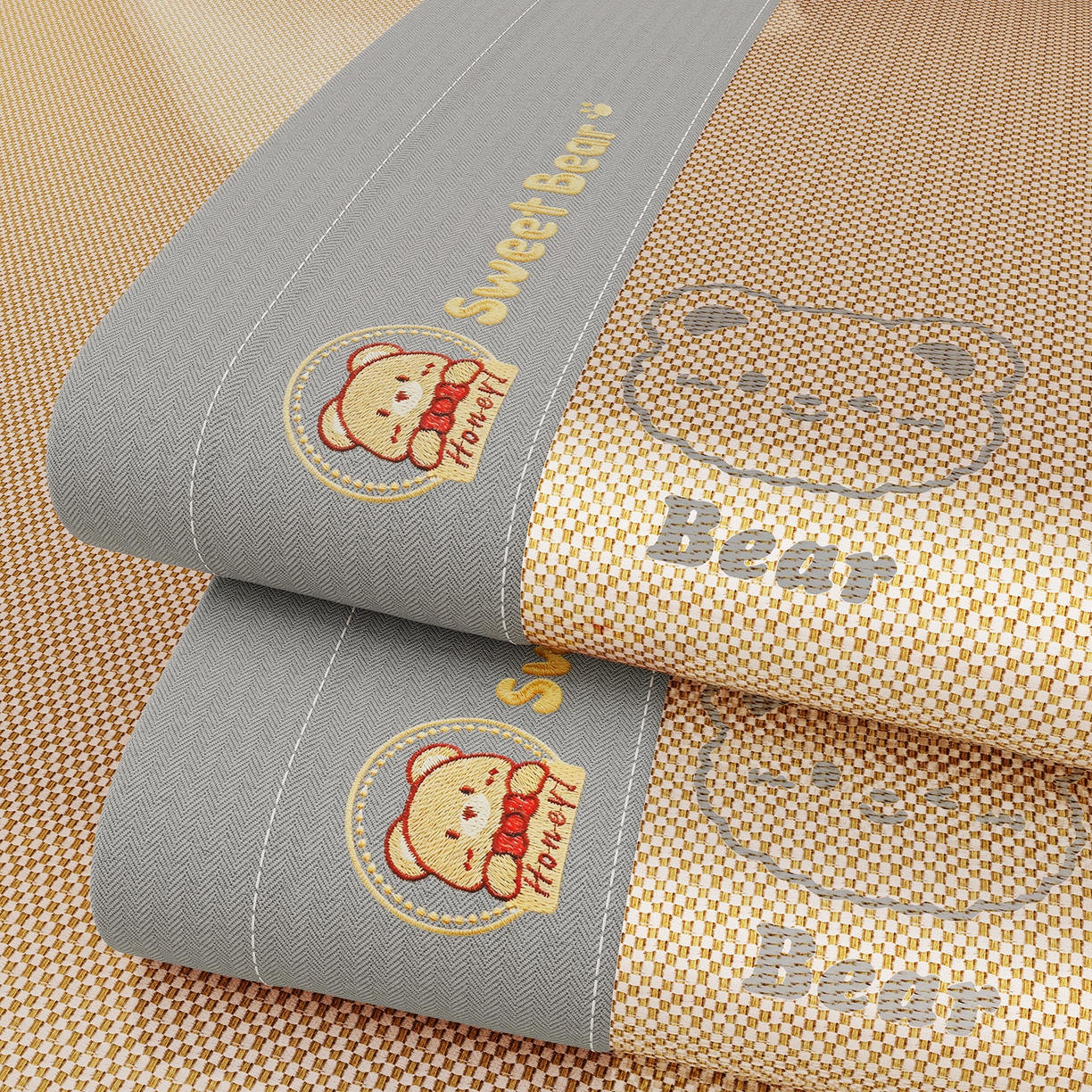 91家纺网 家纺一手货源 找家纺 卡初家居（原微来） 2026春夏新款快乐熊水洗冰藤床席款床笠款 快乐熊-香槟金-床席款