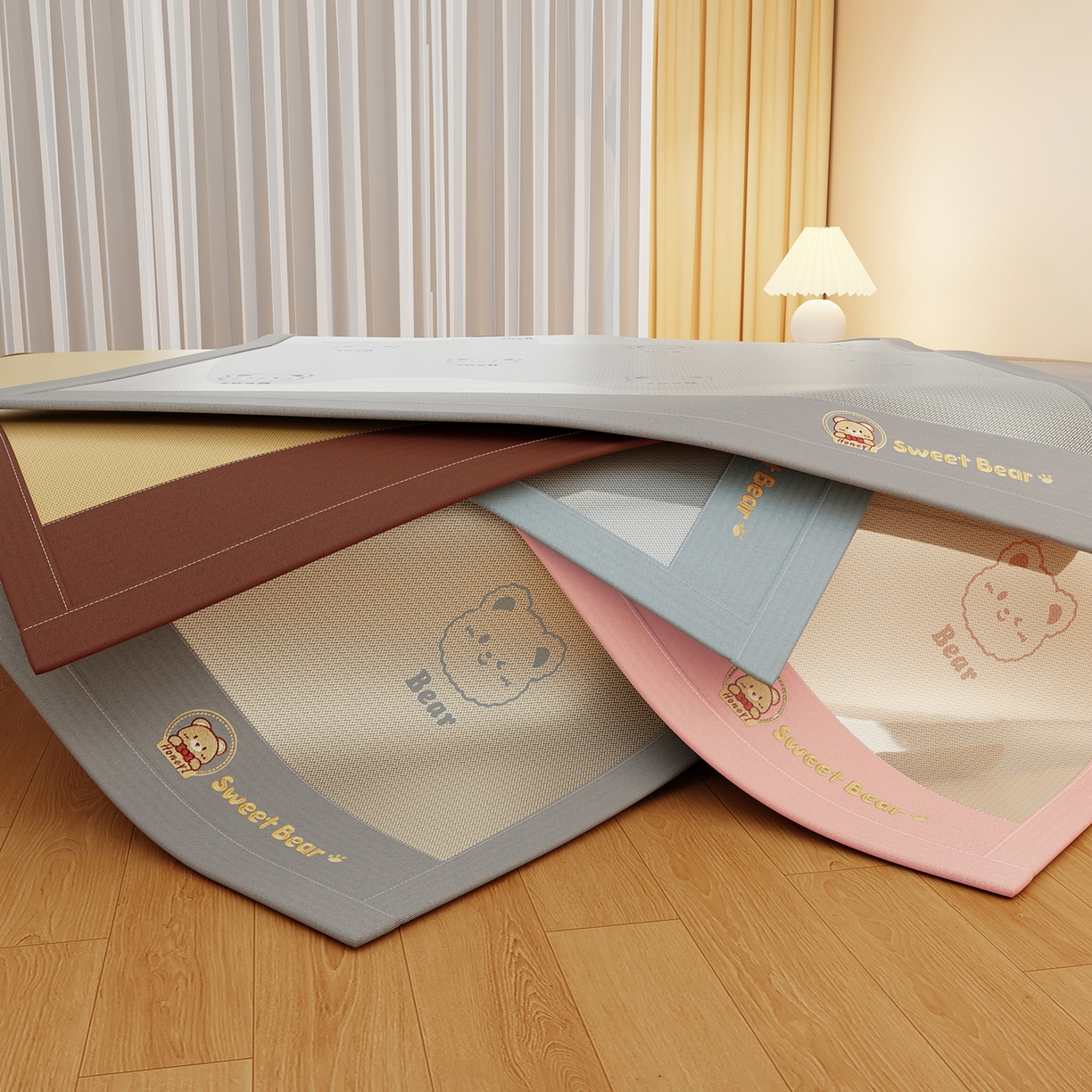 91家纺网 家纺一手货源 找家纺 卡初家居（原微来） 2026春夏新款快乐熊水洗冰藤床席款床笠款 快乐熊-优雅粉-床席款