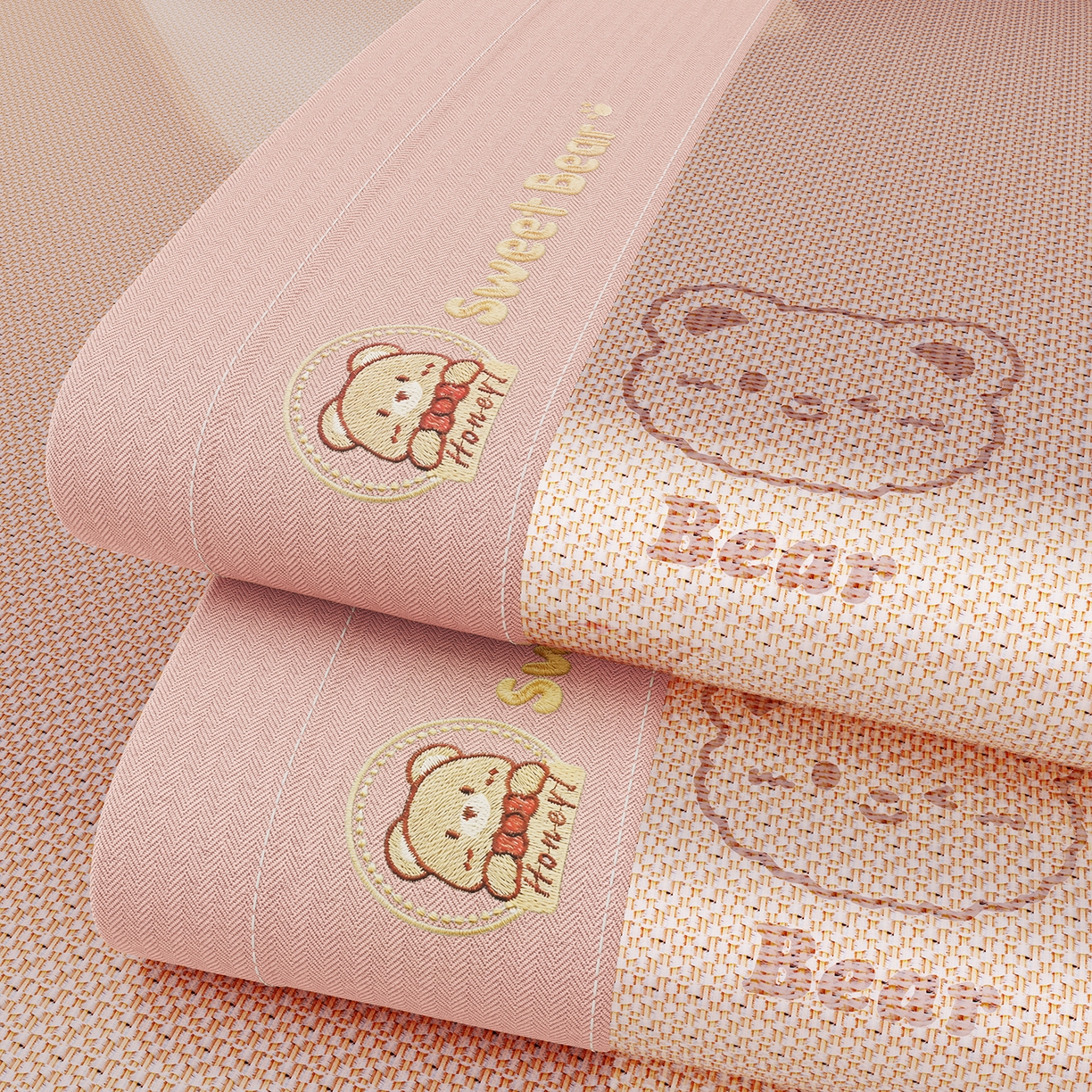 91家纺网 家纺一手货源 找家纺 卡初家居（原微来） 2026春夏新款快乐熊水洗冰藤床席款床笠款 快乐熊-优雅粉-床席款