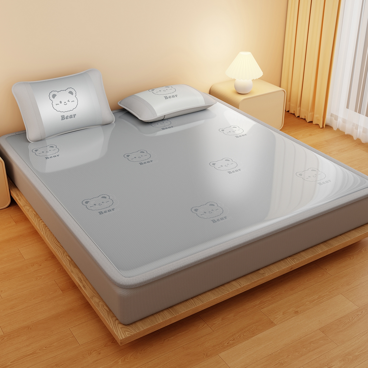 卡初家居（原微来） 2026春夏新款快乐熊水洗冰藤床席款床笠款 快乐熊-淡雅灰-床笠款