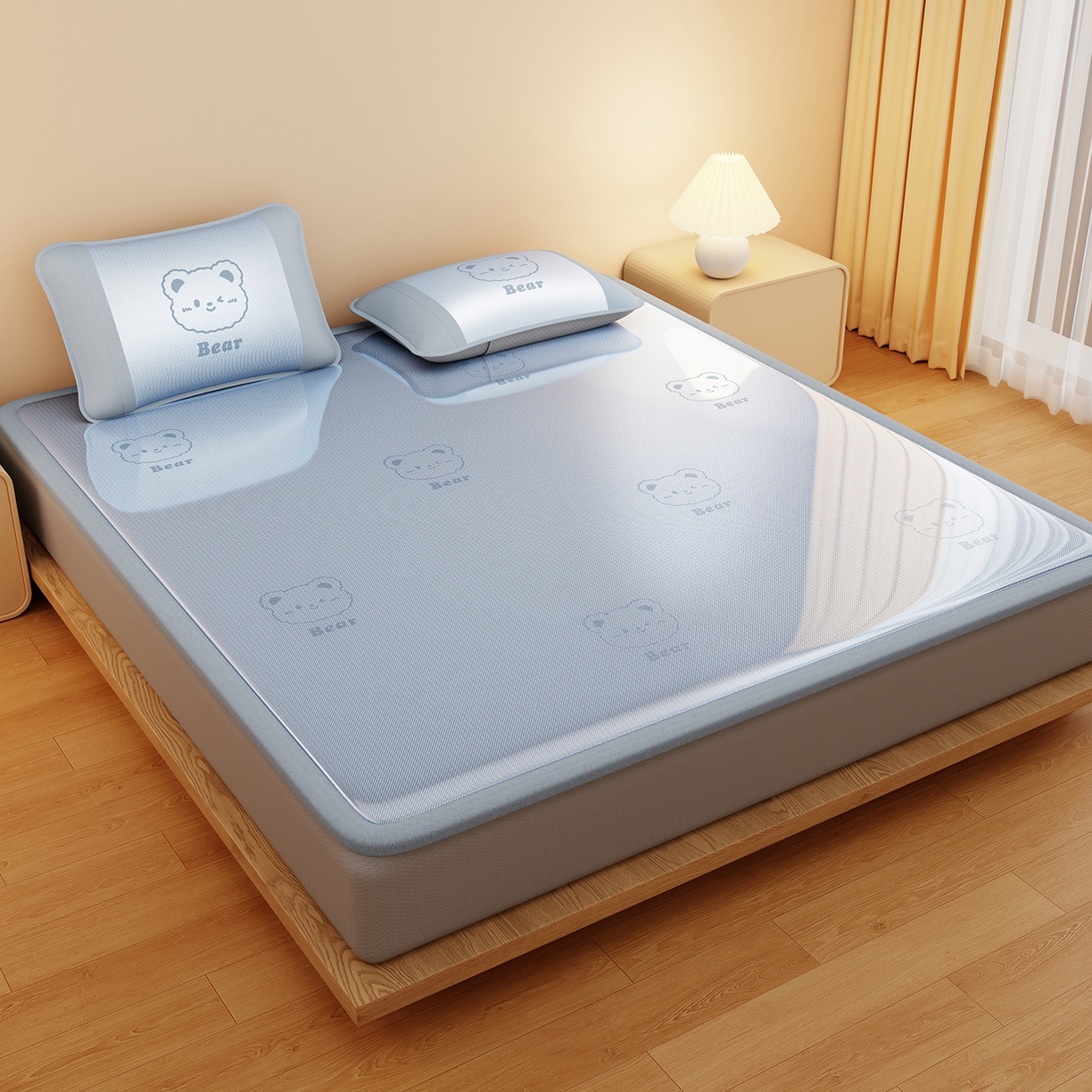 卡初家居（原微来） 2026春夏新款快乐熊水洗冰藤床席款床笠款 快乐熊-天空蓝-床笠款