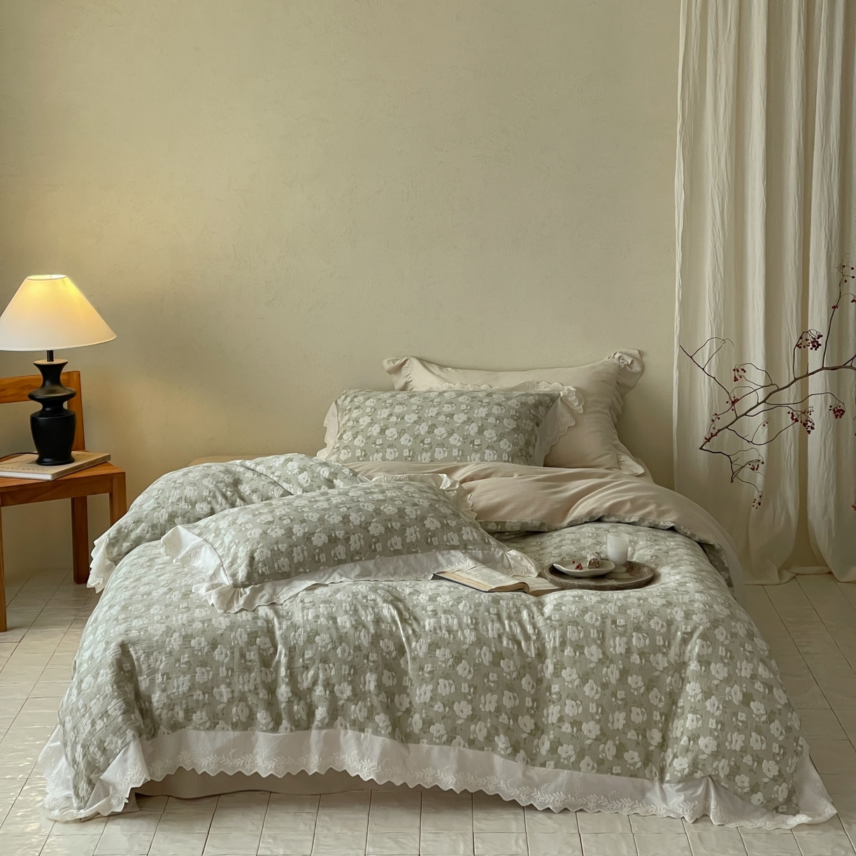 91家纺网 家纺一手货源 找家纺 （总）云上 2026春夏新款全棉纯棉色织大提空气层提花法式花边款四件套--花悦