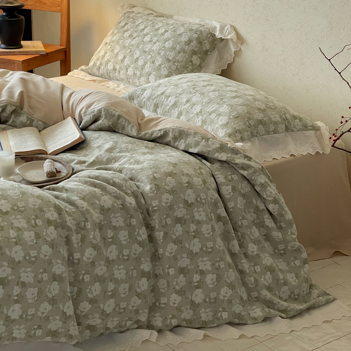 云上 2026春夏新款全棉纯棉色织大提空气层提花法式花边款四件套--花悦 花悦-绿