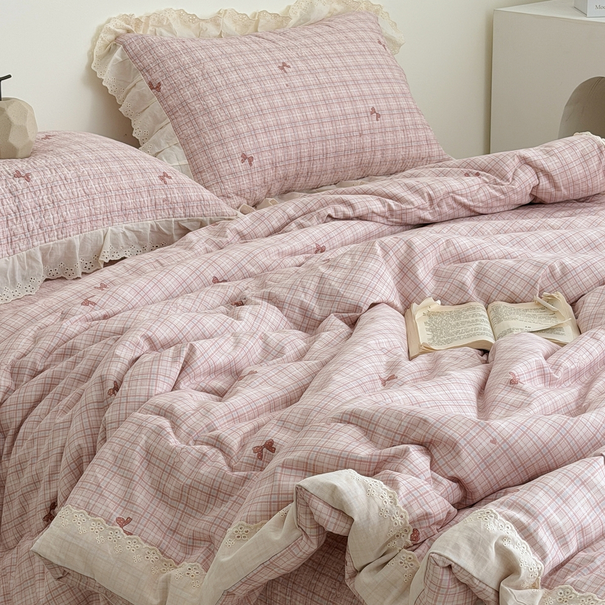 91家纺网 家纺一手货源 找家纺 佰织鑫家居 2026春夏新款全棉纯棉法式床盖款夏被夏凉被空调被夏被四件套春秋被四件套 蝴蝶结