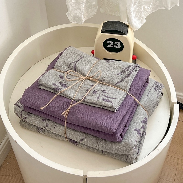 91家纺网 家纺一手货源 找家纺 朵朵家纺 2026新款高级感轻奢复古美拉德色系双层纱泡芙棉床品四件套加厚水洗双层纱软 紫苏