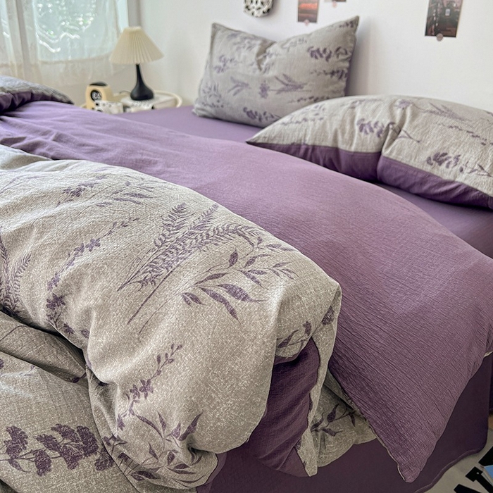 91家纺网 家纺一手货源 找家纺 朵朵家纺 2026新款高级感轻奢复古美拉德色系双层纱泡芙棉床品四件套加厚水洗双层纱软 紫苏