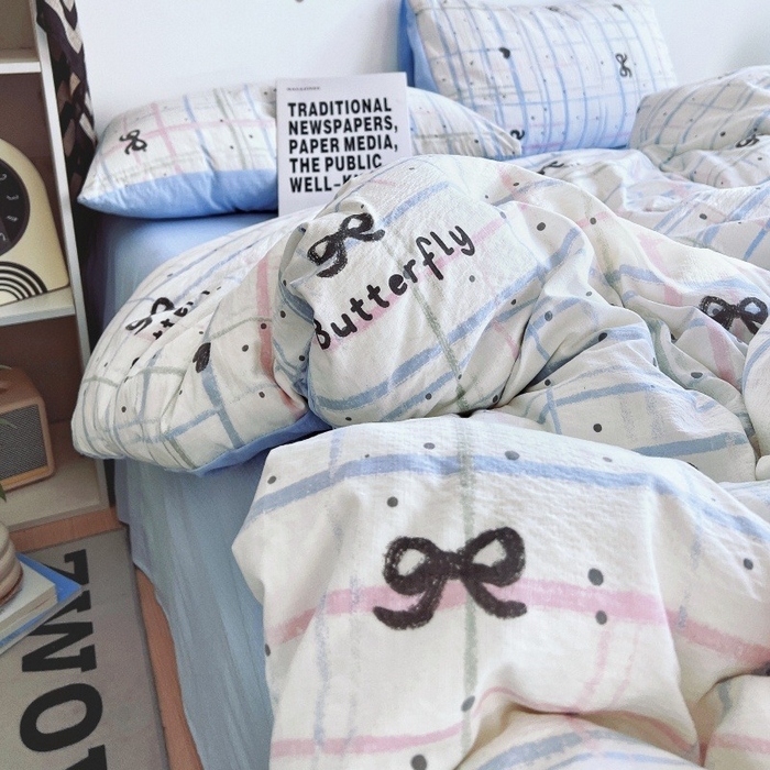 91家纺网 家纺一手货源 找家纺 朵朵家纺 2026新款高级感轻奢复古美拉德色系双层纱泡芙棉床品四件套加厚水洗双层纱软 盐系格绊