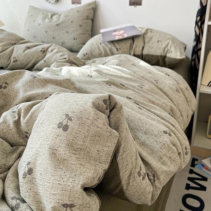 91家纺网 家纺一手货源 找家纺 朵朵家纺 2026新款高级感轻奢复古美拉德色系双层纱泡芙棉床品四件套加厚水洗双层纱软 绿樱