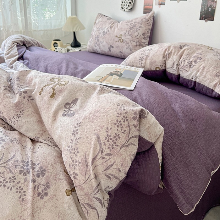 91家纺网 家纺一手货源 找家纺 朵朵家纺 2026新款高级感轻奢复古美拉德色系双层纱泡芙棉床品四件套加厚水洗双层纱软 花姿