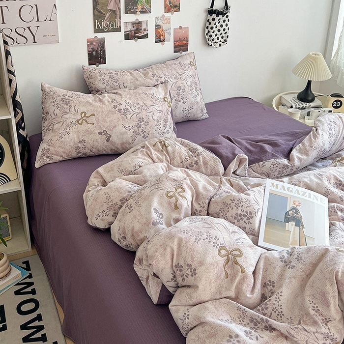 91家纺网 家纺一手货源 找家纺 朵朵家纺 2026新款高级感轻奢复古美拉德色系双层纱泡芙棉床品四件套加厚水洗双层纱软 花姿