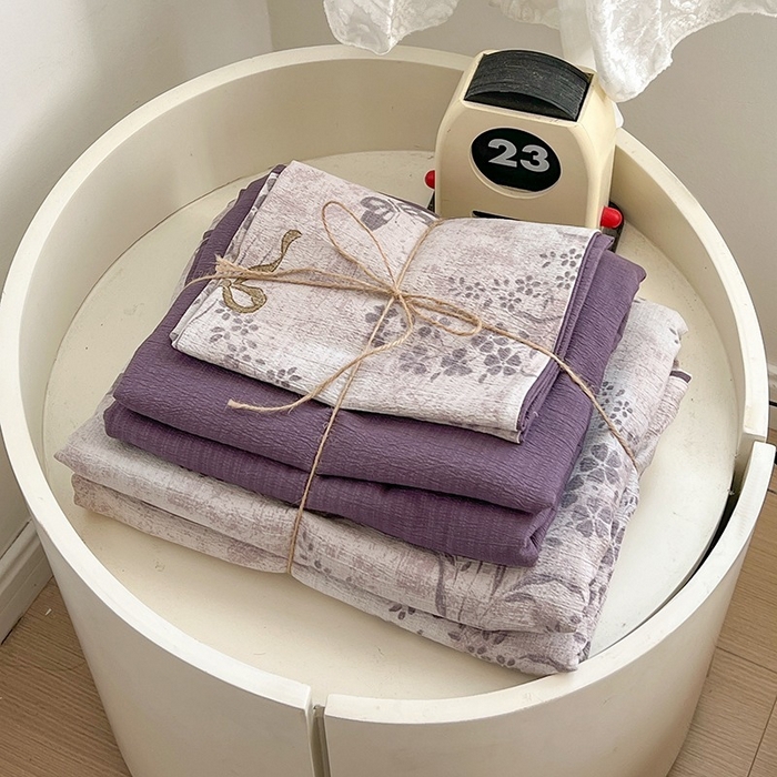 91家纺网 家纺一手货源 找家纺 朵朵家纺 2026新款高级感轻奢复古美拉德色系双层纱泡芙棉床品四件套加厚水洗双层纱软 紫韵