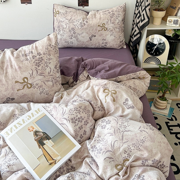 91家纺网 家纺一手货源 找家纺 朵朵家纺 2026新款高级感轻奢复古美拉德色系双层纱泡芙棉床品四件套加厚水洗双层纱软 花姿