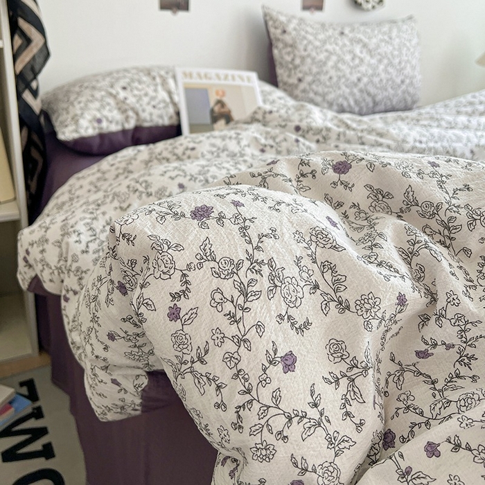 91家纺网 家纺一手货源 找家纺 朵朵家纺 2026新款高级感轻奢复古美拉德色系双层纱泡芙棉床品四件套加厚水洗双层纱软 春风拂梦