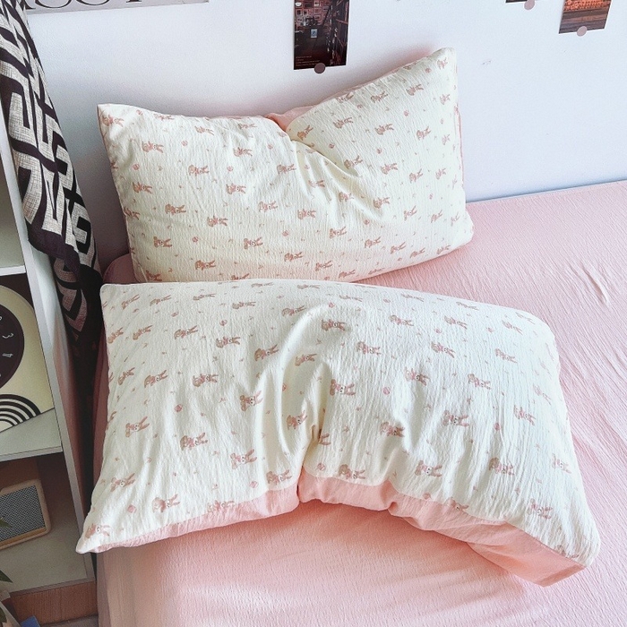 91家纺网 家纺一手货源 找家纺 朵朵家纺 2026新款高级感轻奢复古美拉德色系双层纱泡芙棉床品四件套加厚水洗双层纱软 奶芙兔