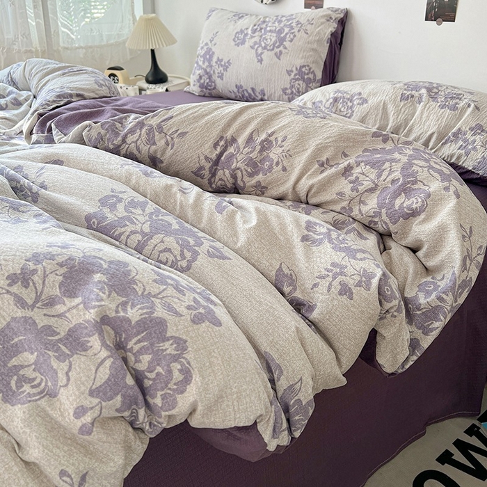 91家纺网 家纺一手货源 找家纺 朵朵家纺 2026新款高级感轻奢复古美拉德色系双层纱泡芙棉床品四件套加厚水洗双层纱软 紫韵