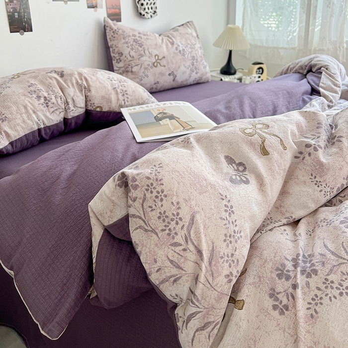 91家纺网 家纺一手货源 找家纺 朵朵家纺 2026新款高级感轻奢复古美拉德色系双层纱泡芙棉床品四件套加厚水洗双层纱软 花姿