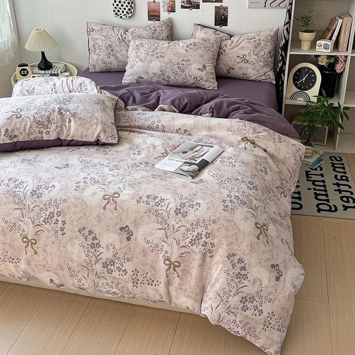 91家纺网 家纺一手货源 找家纺 朵朵家纺 2026新款高级感轻奢复古美拉德色系双层纱泡芙棉床品四件套加厚水洗双层纱软 花姿