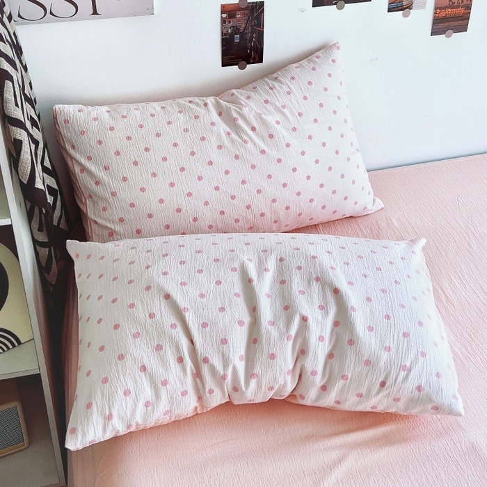 91家纺网 家纺一手货源 找家纺 朵朵家纺 2026新款高级感轻奢复古美拉德色系双层纱泡芙棉床品四件套加厚水洗双层纱软 粉红波点