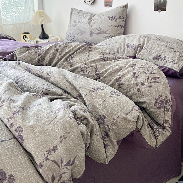 91家纺网 家纺一手货源 找家纺 朵朵家纺 2026新款高级感轻奢复古美拉德色系双层纱泡芙棉床品四件套加厚水洗双层纱软 紫苏