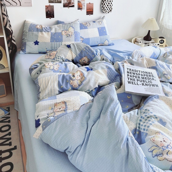 91家纺网 家纺一手货源 找家纺 朵朵家纺 2026新款高级感轻奢复古美拉德色系双层纱泡芙棉床品四件套加厚水洗双层纱软 蓝色泡芙狗