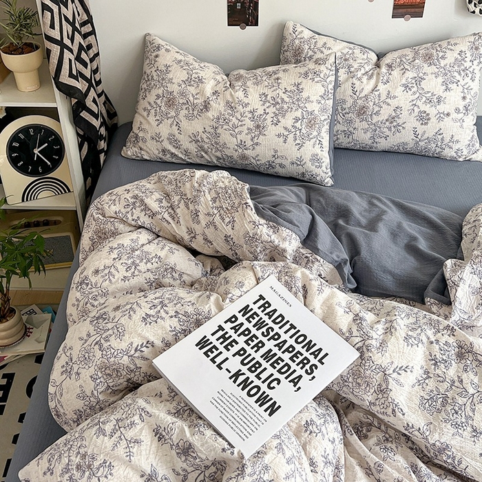 91家纺网 家纺一手货源 找家纺 朵朵家纺 2026新款高级感轻奢复古美拉德色系双层纱泡芙棉床品四件套加厚水洗双层纱软 青花瓷