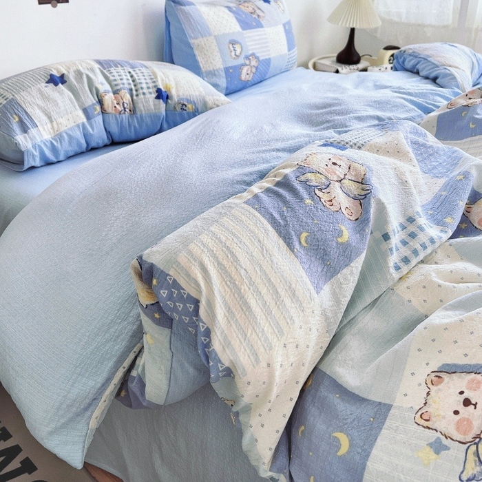 91家纺网 家纺一手货源 找家纺 朵朵家纺 2026新款高级感轻奢复古美拉德色系双层纱泡芙棉床品四件套加厚水洗双层纱软 蓝色泡芙狗