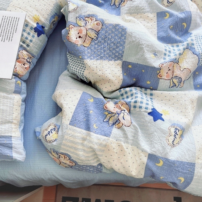 91家纺网 家纺一手货源 找家纺 朵朵家纺 2026新款高级感轻奢复古美拉德色系双层纱泡芙棉床品四件套加厚水洗双层纱软 蓝色泡芙狗