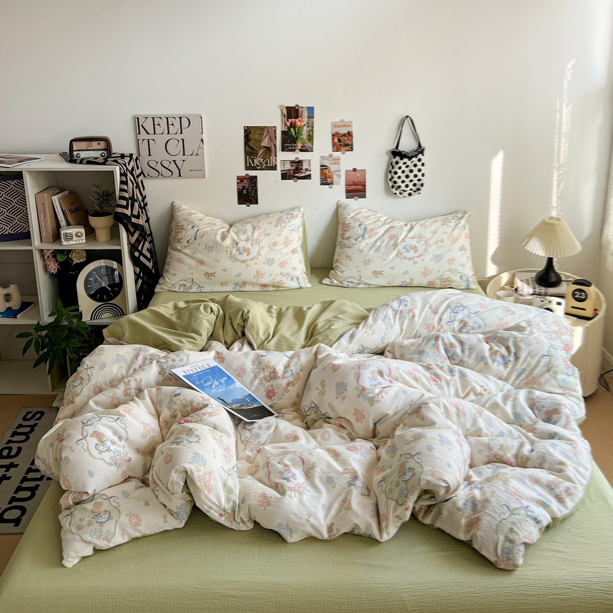 91家纺网 家纺一手货源 找家纺 朵朵家纺 2026新款高级感轻奢复古美拉德色系双层纱泡芙棉床品四件套加厚水洗双层纱软 爱丽丝兔