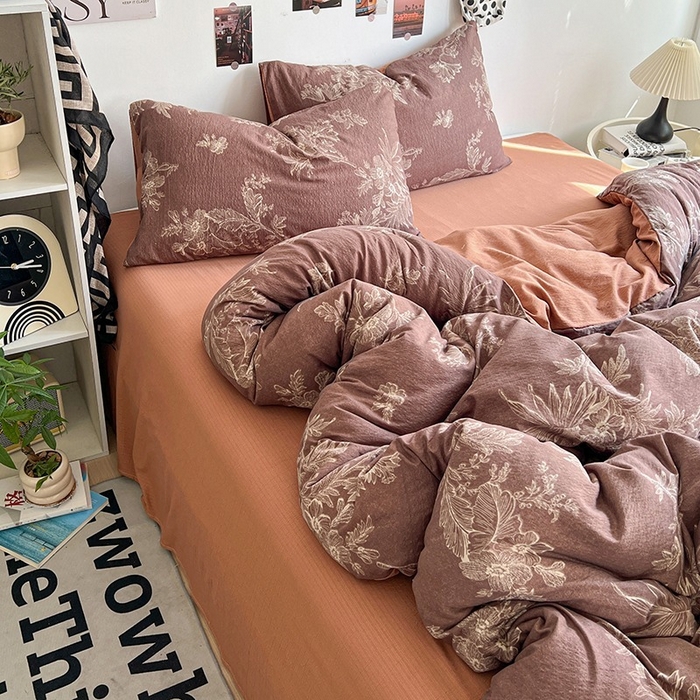 91家纺网 家纺一手货源 找家纺 朵朵家纺 2026新款高级感轻奢复古美拉德色系双层纱泡芙棉床品四件套加厚水洗双层纱软 晚棠