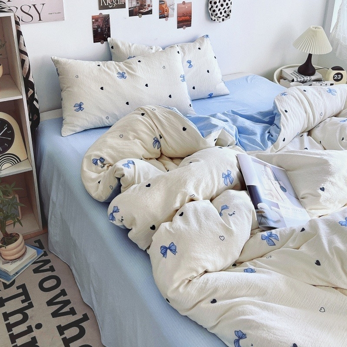 91家纺网 家纺一手货源 找家纺 朵朵家纺 2026新款高级感轻奢复古美拉德色系双层纱泡芙棉床品四件套加厚水洗双层纱软 奶蓝甜结